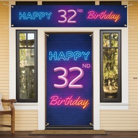 Neon Happy 32nd Birthday Door Cover Porch Banner and Large Yard Sign Set Decor Colorful - Glow Neon Theme 32 Years Old Birthday Party Decoraions for Men Women Supplies