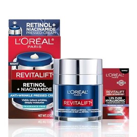 L'Oreal Paris Revitalift Pressed Night Cream, Retinol + Niacinamide, Reduces Wrinkles, Fragrance Free, 1.7 oz + Serum Sample