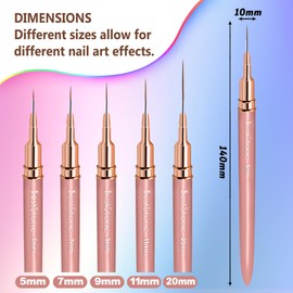 Nail Art Liner Brushes, 5Pcs Professional Gel Polish Painting Art Design Pen Set for Long Lines, Thin Details, Fine Drawing Sizes 5/7/9/11/20mm Nail Art Design Gift for Women(Champagne Gold)