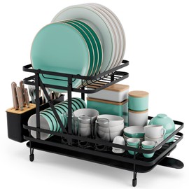 Giantex Collapsible Drying Rack & Drainboard Set, 2-Tier Metal Dish Drainer with Utensil Holder, Removable Drip Tray, 360-Degree Swiveling Spout, Dish Dryer Rack for Kitchen Counter, Black