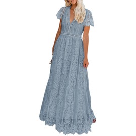 MEROKEETY Women's 2024 V Neck Short Sleeve Floral Lace Wedding Dress Bridesmaid Cocktail Party Maxi Dress, GrayBlue, Large
