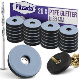 Filzada® 26 x Teflon Gliders for Screwing – Diameter 38 mm (Round) – Furniture Glides / Carpet Glides PTFE (Teflon) with Screws