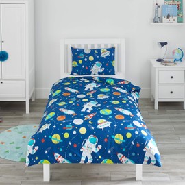 Bloomsbury Mill - Children's Bed Linen 120 x 150 cm Space, Astronaut & Rockets for Children - Baby Bedding Girls and Boys - Blue Reversible Bedding and Pillowcase Set for Toddlers & Baby Beds