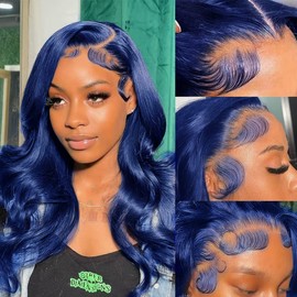 28 Inch Blue Lace Front Wig Human Hair Body Wave Dark Blue Colored 13x4 Lace Front Wigs PrePlucked Glueless Natural Hair Line 150% Density Brazilian Remy Human Hair Wigs Pre Plucked Human Hair