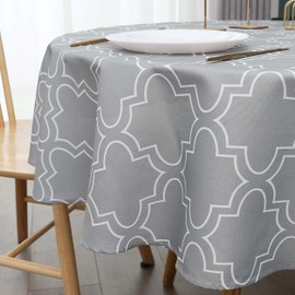 AooHome Fabric Round Tablecloth, Spill-Proof Water Repellent Table Cover Geometric Design for BBQs, Machine Washable, Heavy Weight, 70 Inch Round, Light Grey