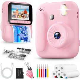 Naxup Instant Camera for Children, 1080P Children's Camera with 5 Rolls of Printing Paper, 32GB Card and Colouring Pencils, Portable Digital Camera for Boys and Girls, Gifts for Children Aged 3-14 Years (Pink)