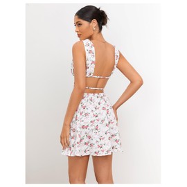 Floerns Women's Cut Out Backless Sleeveless Shirred Floral A Line Short Dress White XS