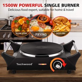 Techwood Hot Plate Portable Electric Stove 1500W Countertop Single Burner with Adjustable Temperature & Stay Cool Handles, 7.3” Cooktop for Dorm Office/Home/Camp, Compatible for All Cookwares