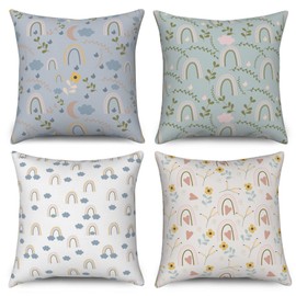 ASDCXZ Children's Cushion Cover 40 x 40 cm Set of 4 Cute Flower Rainbow Cloud Blue Green Sofa Decorative Cushion Covers Cushion Covers Washable Polyester Flax Textile Outdoor Pillowcase Cushion Cover