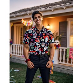 Fashonal Dia De Los Muertos Mexican Shirt Mens Day of The Dead Shirt, Sugar Skull Size M