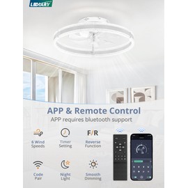 LEDIARY Ceiling Fans with Lights and Remote, 20'' Low Profile Ceiling Fan with Light, 3000-6000K Dimmable Fandelier Ceiling Fans, Modern Flush Mount Fan Light for Bedroom with 6 Wind Speeds- White