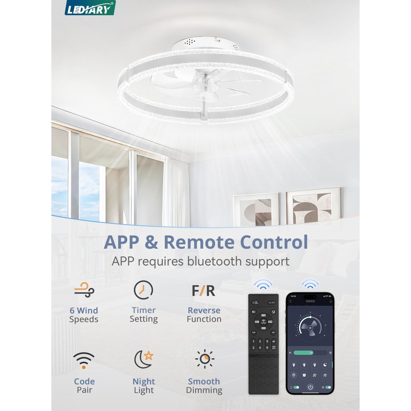 LEDIARY Ceiling Fans with Lights and Remote, 20'' Low Profile