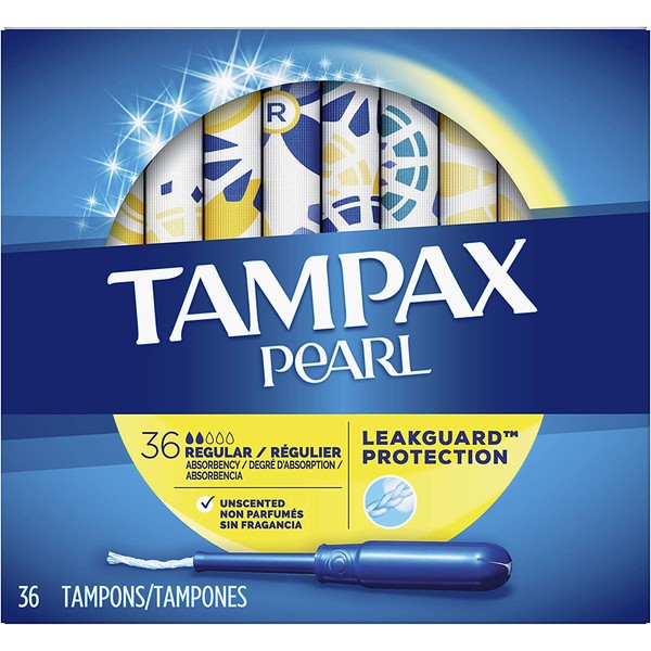 Tampax Pearl Tampons with Plastic Applicator, Regular Absorbency, Unscented, 36 Count