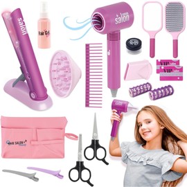 18 PCS Girls Beauty Hair Salon Toy Kit with Hairdryer, Straightener & Styling Accessories, Fashion Pretend Play Doll Stylist Set for Kids and Toddlers