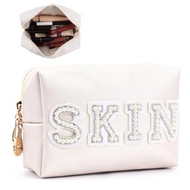 Cosmetic Bag Travel Makeup Bag Pearl Rhinestone Monogrammed Cosmetic Bag for Cosmetics, Skin Care, Toiletries, Birthday Gift for Women, Daughters, Brides, Friends, skin, White