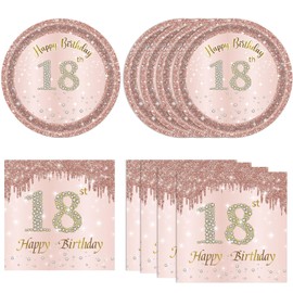 40PCS 18th Birthday Decorations for Girls Rose Gold Birthday Party Decorations Supplies Pink Birthday supplies Included Rose Gold Birthday Plates Napkins for Women Girs Birthday Party