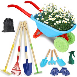 Demolike Kids Gardening Tools Set, Gardening Set for Kids, Outdoor Backyard Farm Digging Toys with Wheelbarrow Shovel, Rake, Trowel, Fork, Birthday Gifts for Boys Girls Age 3+