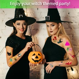 60 Pcs Witch Themed Temporary Tattoos with 1 Roll of PE Tape, Colorful Witch Birthday Accessories Kids Wizard Party Favors, Adorable Musical Movie DIY Activity (Witch Tattoos A)