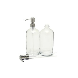 Vivaplex, 2, Large, 32 oz, Empty, Clear Glass Bottles with Stainless Steel, Lotion Pumps