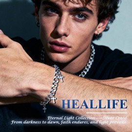 HEALLIFE Silver Creed Cross Bracelet For Men Women, Adjustable Cuban Link Stainless Steel Chain Bracelets with Four Cross Charms, Religious Christian Gift for Boyfriend Dad and Son