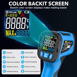 Infrared Thermometer Temperature Gun - TEMIRUP Non-Contact Digital Laser Thermometer Temp Gun with Thermocouple Probe for Industrial, Cooking, Griddle, Engine, HVAC, Adjustable Emissivity,-40℉~1202℉