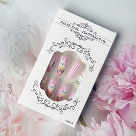 OHWODA Easter Press on Nails Almond Medium Fake Nails with Cute Bunny Flower Designs Spring Acrylic Glue on Nails Easter Day Manicure False Nails Cute Stick on Nails for Women Nail Art Decoration 24Pcs
