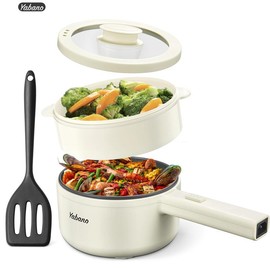 Yabano Electric Pot, 850W Non-Stick Electric Hot Pot with Steamer,1.6L Noodles Cooker with Dual Power Control, Portable Pot For Dorm, Office, Travel with Silicone Spatula Included - Color: White