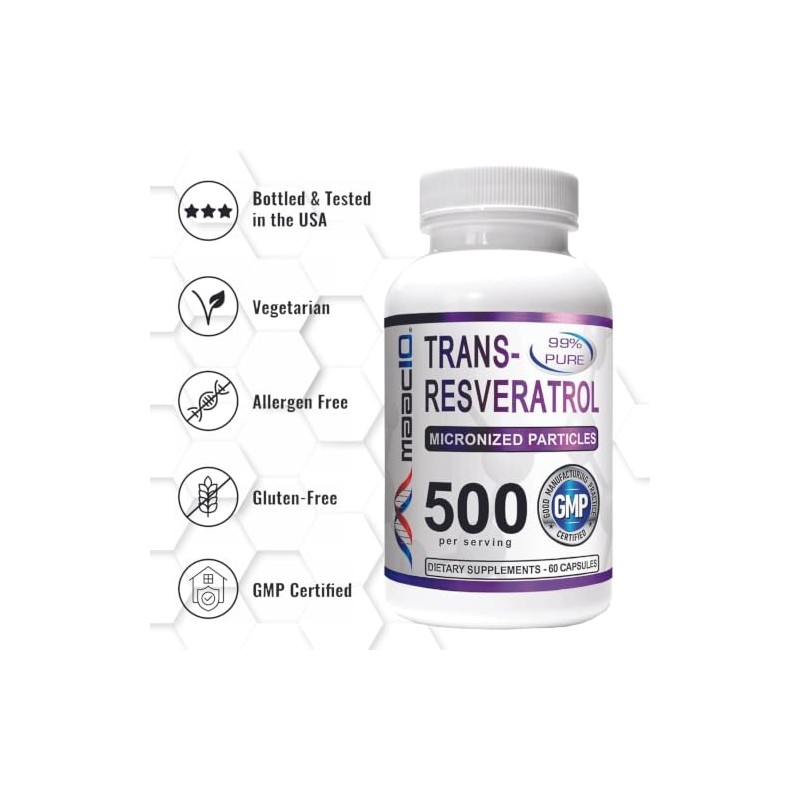 MAAC10 Formulas Trans-Resveratrol 500mg + BioPerine 5mg For Enhanced Bioavailability