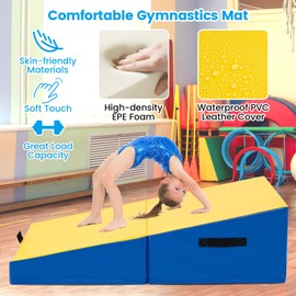 GYMAX Gymnastics Mat, 48" x 24" Folding Incline Cheese Wedge Mat with Waterproof Cover, Hook & Loop Fasteners, Carrying Handle, Tumbling Mat for Exercise, Yoga, Home Gym Fitness