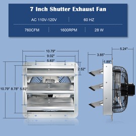 Hiorucet 7 Inch Shutter Exhaust Fan with Speed Controller and Power Cord Kit for Garage, Greenhouse, Shop, Attics, Chicken Coop, Basement, 760CFM 1600RPM Low Noise Wall Mounted Louvered Exhaust Fan.