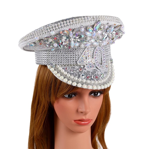 VIESSLG Handmade Symphony Stunning Bride Hat Diamond Sequin Captain Hat for Wedding Birthday Anniversary Hen Party (Color : AB Color, Size : 40th)
