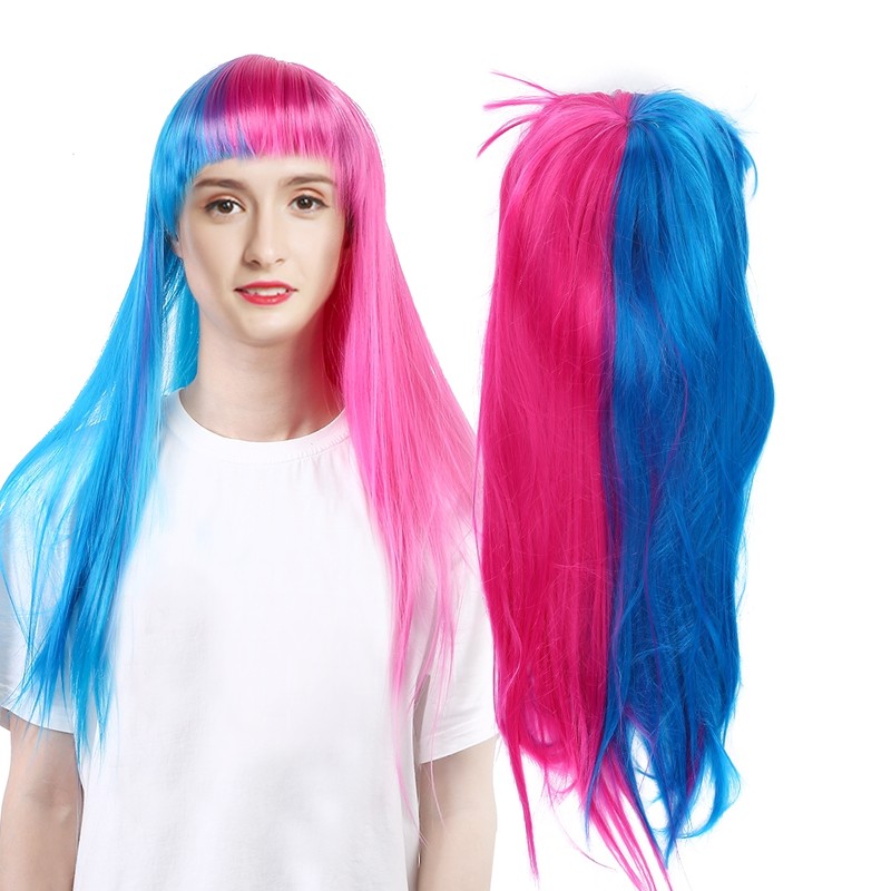 Long Straight Wigs Women Female Full Bangs Synthetic Hair Blue