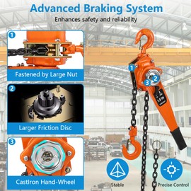 ACONEE Manual Lever Chain Hoist, 1.5 Ton 10 Ft Lift Lever Hoist Come Along, G80 Galvanized Carbon Steel with Weston Double-Pawl Brake, Auto Chain Leading & 360° Rotation Hook, for Garage Factory Dock