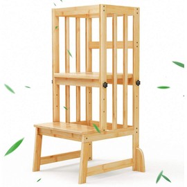 BAMBOOHOMIE Kids Kitchen Step Stool, Toddler Standing Tower Adjustable Height with Anti-Slip Feet, Toddlers Learning Step Stool Helper for Kitchen Counter or Bathroom Sink, Natural Bamboo