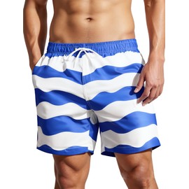 MADHERO Mens Short Swim Trunks 5 Inch Inseam Quick Dry Print Beach Shorts with Mesh Lining and Pockets Blue White Wave Size L