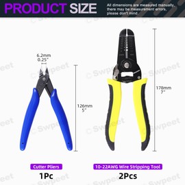 Swpeet 3Pcs Yellow 10-22AWG 7 Inch Wire Stripper Tool with 5 Inch Wire Cutters Kit, Multipurpose Wire Stripping Tool, Cable Stripper Electrical Wire Pliers for Electric Cable Stripping Cutting