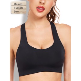 IBL Black Sports Bra Molded Cup Comfortable, Strappy Mesh Cross Back Scoop Neck Buttery Soft for Medium Impact Exercises Pilates Training Black Small