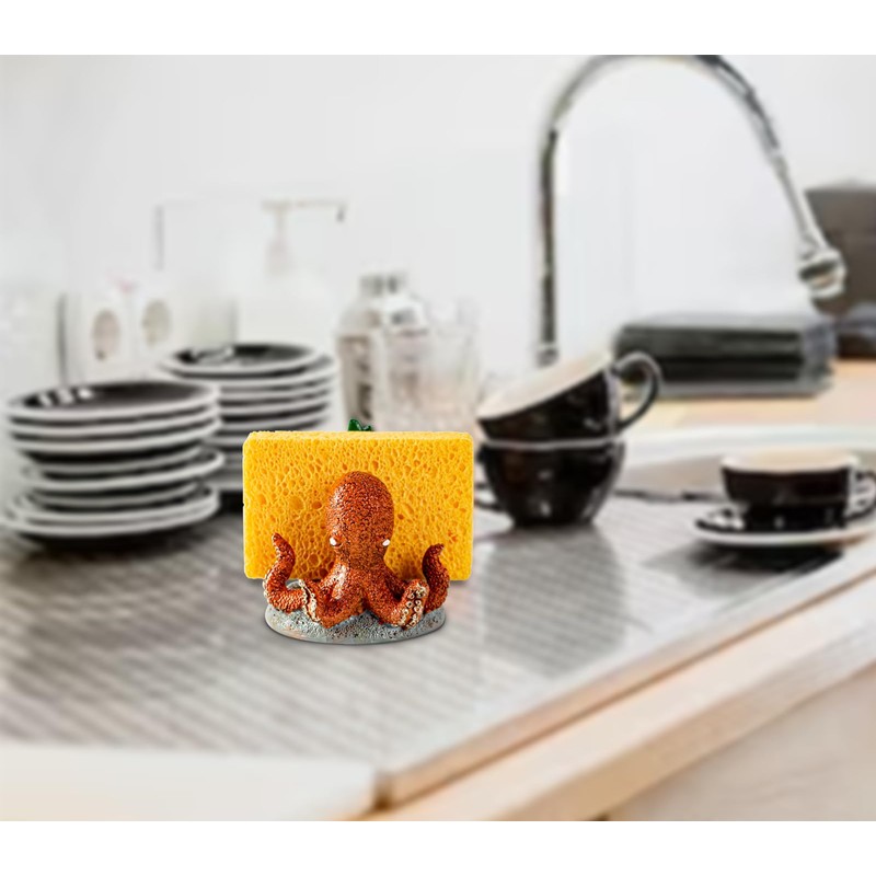 Cute Octopus Sponge Holder - Red, Resin, Practical Sink Kitchen