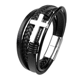 Jennoria Mens Black Leather Bracelet Multi-Layer Braided Leather Cross Bracelet Religious Confirmation Gifts (Black Leather Silver Cross, 8.07)