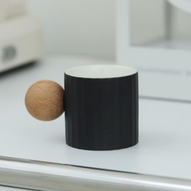 Fire Kirin Ceramic Espresso Cups Set of 2, 2 oz Mini Espresso Cups, Round Wooden Handle Stripes Demitasse Cups for Tea or Coffee (2, Black)