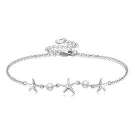 POPLYKE Heart/Anchor/Sea Turtle/Starfish/Celtic/Whale Tail/Bee Bracelet Anklet for Women 925 Sterling Silver Anklet Jewllery Double Layer Chain for Women, Sterling Silver, Pearl