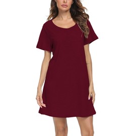ENJOYNIGHT Womens Nightgowns Cotton Sleepwear Plus Size Sleep Shirts Short Sleeves Nightshirt Print Sleepshirt(Medium,Solid Wine Red)