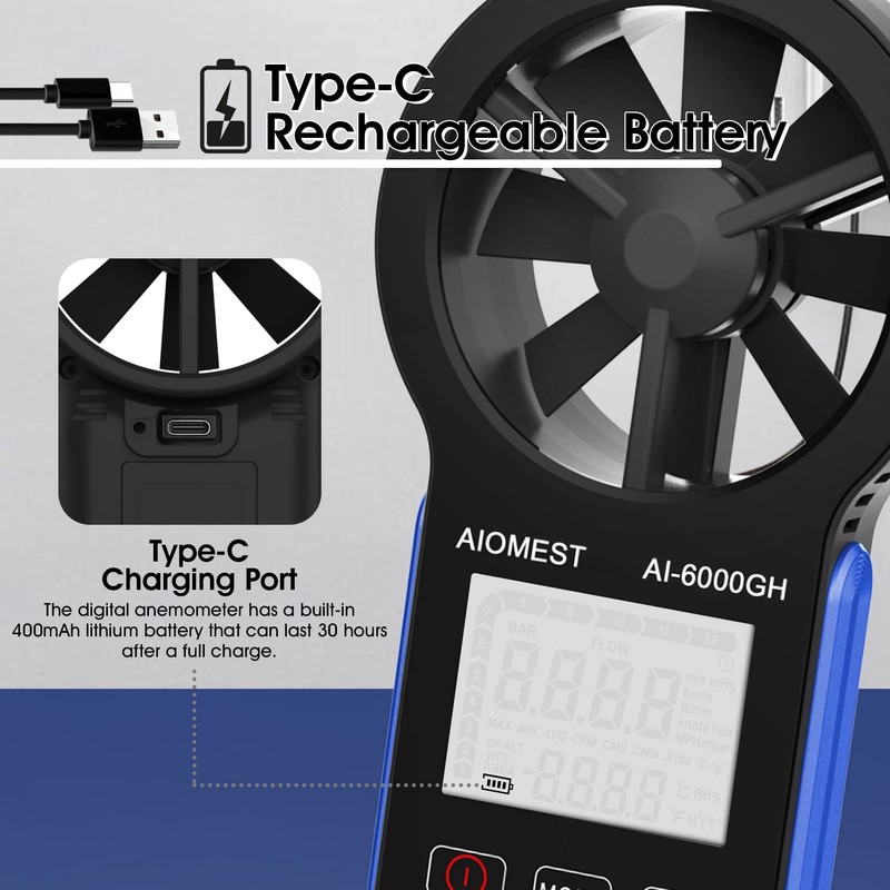 CFM Wind Speed Meter, AIOMEST Rechargeable HVAC Anemometer Measuring Wind