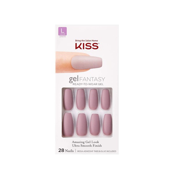 KISS Gel Fantasy Ready-to-Wear Press-On Gel Nails, “Stick Together”, Long, Dark Pink, Nail Kit with 24 Mega Adhesive Tabs, Pink Gel Glue, Manicure Stick, Mini File, and 28 Fake Nails