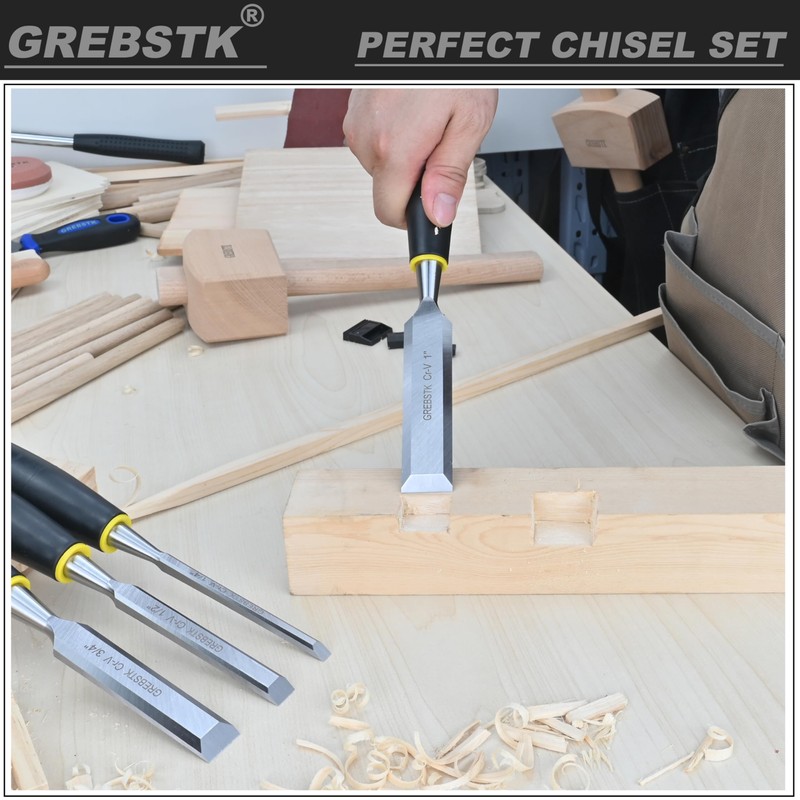 GREBSTK 9.5in Wood Chisel Set for Woodworking, 4pcs Chrome Vanadium