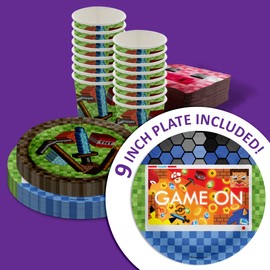 Mining Pixel Video Game Birthday Party Supplies - 64 Piece Birthday Tableware Set Includes Large 9" Dinner Plates and 8" Dessert Paper Plates Napkins Cups - Kit for 16