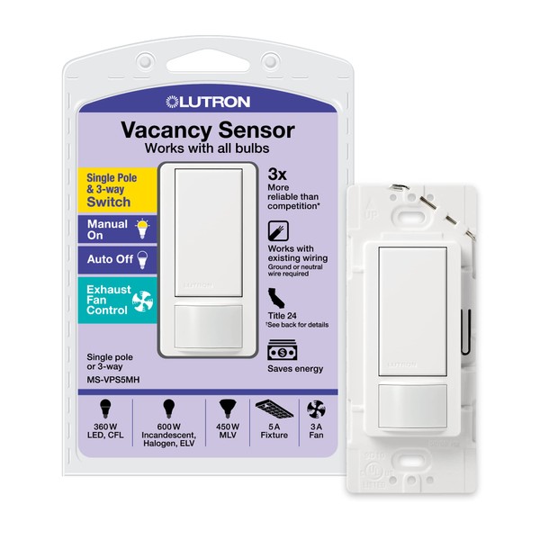 Lutron Maestro Vacancy-Only Sensor Switch | 5 Amp, Single-Pole/Multi-Location | MS-VPS5MH-WH | White
