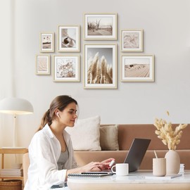 ArtbyHannah Gallery Wall Frame Set, 8 Pack Picture Frames Collage Wall Decor with Neutral Pampas Grass Art for Living Room, Assorted Size Including 11"x14", 8"x10", 5"x7"(Beige Frame)