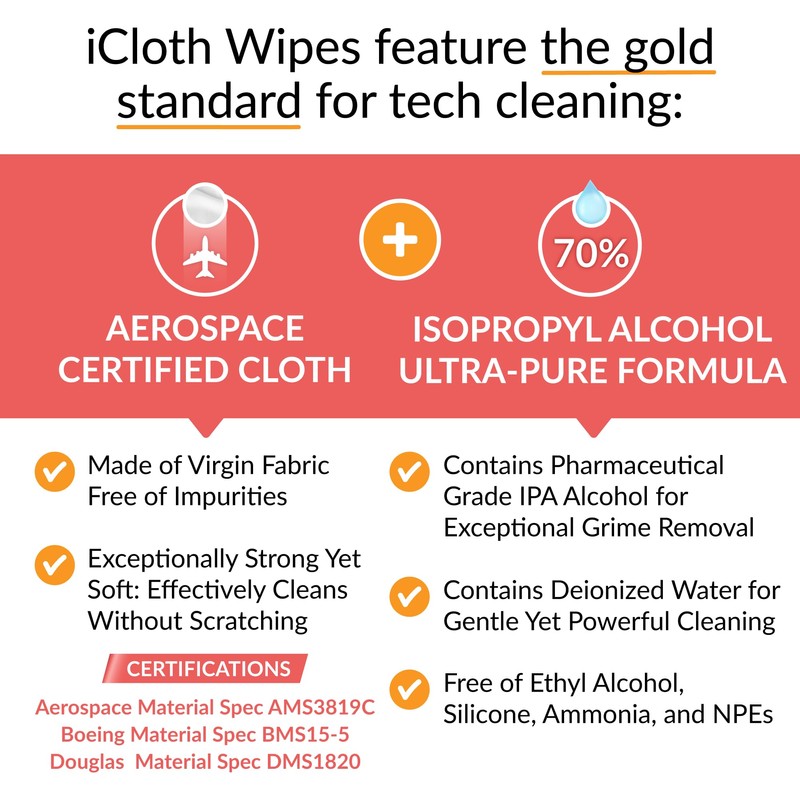iCloth 70% Isopropyl Alcohol Large Screen and Electronics Wipes, Lint-Free,