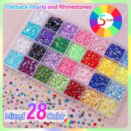 8000 Pcs Flatback Pearl Resin Rhinestones for Crafting, 28 Color 5mm Bedazzler Kit with Resin Rhinestones, Half Pearl Pink Color Bedazzling Gems for Nail DIY Crafts Mugs Bottles Pencil Clothes Decor